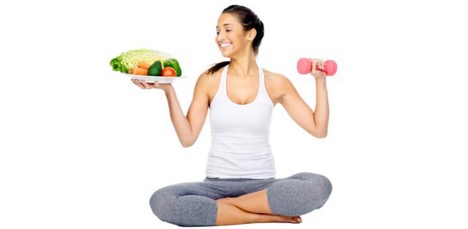Picture of a Woman Holding Healthy Food and Exercising