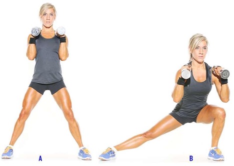 Picture showing a woman doing lateral lunges with dumbbells